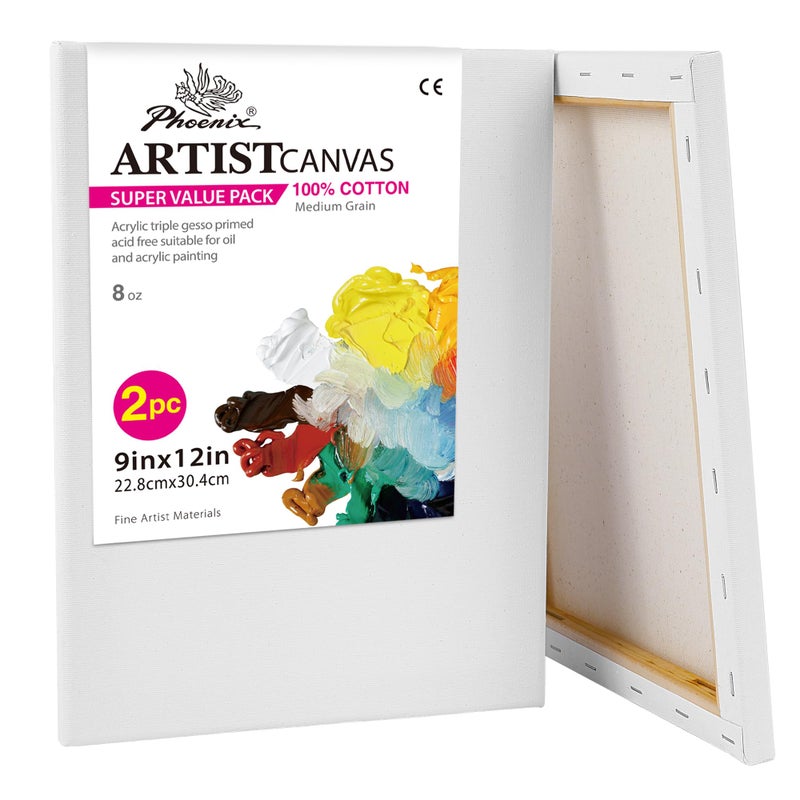PHOENIX 9x12 Inch Pack of 2 Canvas - Stretched Canvases for Painting, 8 Oz Triple Primed 5/8 Inch Profile 100% Cotton White Blank Framed Canvas for Oil Acrylic & Pouring Art - Image 1